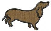 Playful dachshund in rich brown, outlined in black, captured in a running pose. Perfect for applique projects.