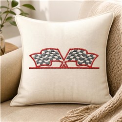 Modern decorative pillow with a woven pattern in gray and red accents, set against a neutral background.