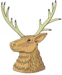 Realistic deer head featuring prominent antlers and rich fur texture in warm browns and soft greens.