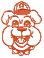 Cartoon dog head with a smile and cap in vibrant orange, perfect for playful designs on apparel.