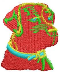 Playful dog head design in vibrant red with blue and green accents, outlined in cheerful yellow.
