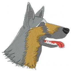 Cartoon dog head with gray and tan fur, friendly expression, and vibrant colors, ideal for machine embroidery.