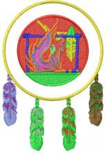Vibrant dreamcatcher with a detailed circular frame, abstract center, and colorful hanging feathers.