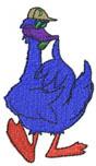 Playful duck in cartoon style with vibrant blue body, green hat, and red feet, perfect for kids' designs.
