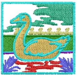 Whimsical duck in earthy tones outlined in light blue, surrounded by colorful greenery and water.