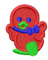 Cartoon duckling with a bright red body, green beak, and blue bowtie, posed playfully.