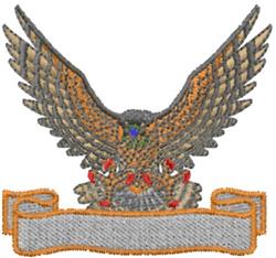 Bold eagle with detailed wings in browns and grays, surrounded by vibrant flowers on a ribbon banner.