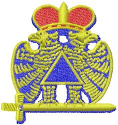 Bold eagle emblem featuring two stylized eagles, a crown, and a sword, with vibrant colors against a blue triangle.