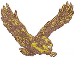 Realistic eagle in flight with outstretched wings, featuring brown and yellow tones, capturing dynamic motion.