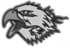 Outlined eagle head features sharp beak and feather details in grayscale, emphasizing its fierce expression.