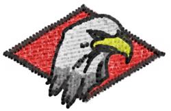 Cartoonish eagle head with gray feathers and yellow beak, outlined in black, on a red diamond background.