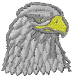 Realistic eagle head with detailed feathers and a bright yellow beak, showcasing its fierce expression.