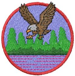 Colorful eagle soaring above a serene lake, surrounded by green pine trees. Detailed design with vibrant red framing.