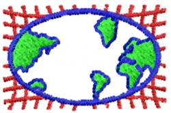 Vibrant globe with green land and blue ocean, framed in bold red outline, perfect for playful embroidery.