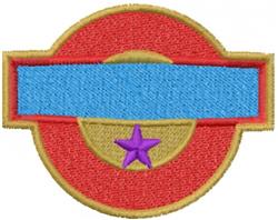 Applique emblem logo with a red circular border, blue band, and purple star for contrast, vibrant and bold design.