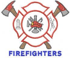 Firefighter emblem featuring bold crossed axes and a hydrant, showcasing intricate tools and 'FIRE FIGHTERS' text.