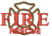 Bold red 'FIRE' and 'RESCUE' text on a brown firefighter emblem, ideal for machine embroidery.