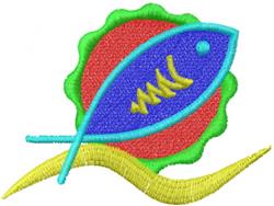 Applique fish in vibrant colors with a red sun motif, green scalloped outline, and yellow waves.