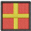Flag design featuring a bold yellow cross on a vibrant red background with a thin black border.