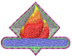 Colorful flame in shades of red and yellow within a diamond shape, enhanced by a purple banner below.