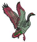 Vibrant flying bird with a gray body and colorful pink and green wings, featuring detailed feather artistry.