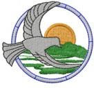 Flying dove in gray tones within a circular frame, vibrant orange sun, and a lush green landscape.