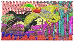 Vivid flying ducks captured in detailed machine embroidery against a colorful nature background.
