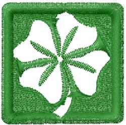 Four-leaf clover in vibrant green with detailed leaf outlines, framed, on a clean white background for St. Patrick's Day.