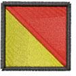 Geometric badge featuring a square design split into red and yellow sections, outlined with a black border.