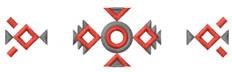 Geometric patterns with bold diamond shapes and circles in vibrant red, gray, and black create a striking design.