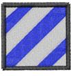 Geometric embroidery patch with blue diagonal stripes, gray background, and thick black border, ideal for bold accessories.