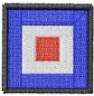 Geometric square design featuring concentric squares in blue, white, and red, with a bold black border.