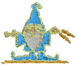 Whimsical gnome wearing a blue pointed hat and yellow beard, holding orange wands. Playful and vibrant design.