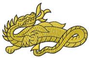 Golden dragon with ornate scales and dynamic flames, displayed in a detailed and colorful embroidery style.