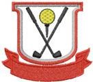 Golf crest emblem featuring crossed clubs and a golf ball in a shield shape, accented by a red banner ribbon.