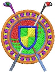 Vibrant golf logo with crossed golf clubs and a shield, set against a colorful circular background.