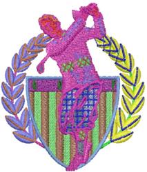 Vibrant sports Applique golf player silhouette in pink, holding a golf club, framed by laurel leaves and a striped shield.