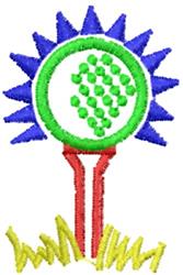 Colorful golf tee with a red stem and green top, surrounded by blue sunburst rays, on yellow-green grass.