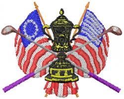Colorful golf trophy design with crossed clubs and American flags, perfect for sports events and celebrating victories.