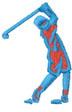 Stylized golfer in motion, depicted in blue with red accents, swinging a golf club. Modern design for golf enthusiasts.