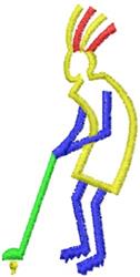 Playful golfer design with vibrant colors, red, yellow, blue outline, and green golf club, ideal for machine embroidery.