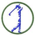 Golfer silhouette in blue mid-swing, surrounded by a green circular frame on a white background, sports-themed.