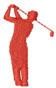 Golfer silhouette in red, mid-swing with a golf club, bold and dynamic against a plain background.