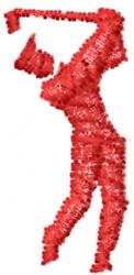 Bold red golfer swinging a club, depicted in a dynamic pose against a white background. Sport-themed design.