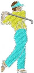 Golfer in bright yellow and turquoise attire swings a club, showcasing dynamic movement in a playful design.
