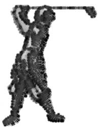 Silhouette golfer in a dynamic swing pose with a raised golf club, minimalist style for sports enthusiasts.