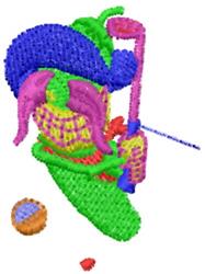 Playful pepper character dressed as a golfer with a golf club, featuring bright colors and a whimsical style.