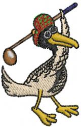 Cartoon stork with bright yellow legs and a colorful hat, playfully holding a golf club over its shoulder.