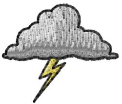 Cartoonish gray cloud with a textured look and black outline, adorned with a vibrant yellow lightning bolt below.
