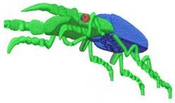 Cartoon bug with a vibrant green body, blue shell, and red eye, showcasing detailed legs and antennae.